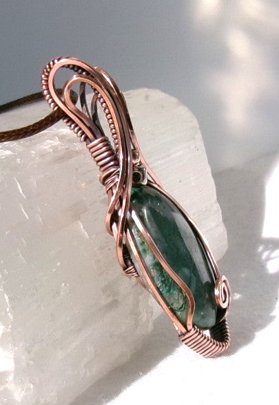 Malachite with Quartz gemstone copper wire wrapped crystal pendant with copper and silver accent beads