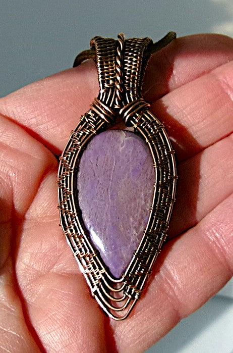 Purple Jade gemstone copper wire wrapped crystal pendant