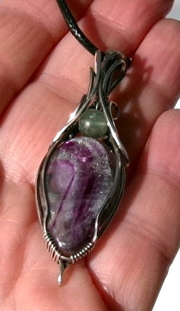 Rainbow Fluorite gemstone sterling silver wire wrapped crystal pendant with green fluorite accent bead
