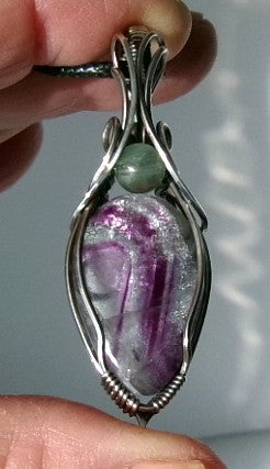 Rainbow Fluorite gemstone sterling silver wire wrapped crystal pendant with green fluorite accent bead