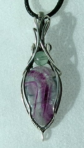 Rainbow Fluorite gemstone sterling silver wire wrapped crystal pendant with green fluorite accent bead