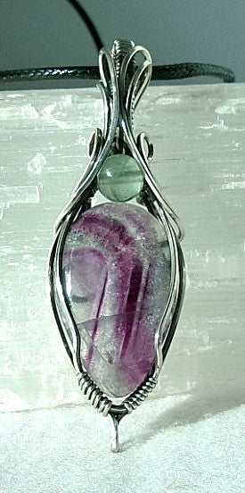 Rainbow Fluorite gemstone sterling silver wire wrapped crystal pendant with green fluorite accent bead