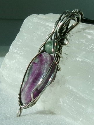 Rainbow Fluorite gemstone sterling silver wire wrapped crystal pendant with green fluorite accent bead