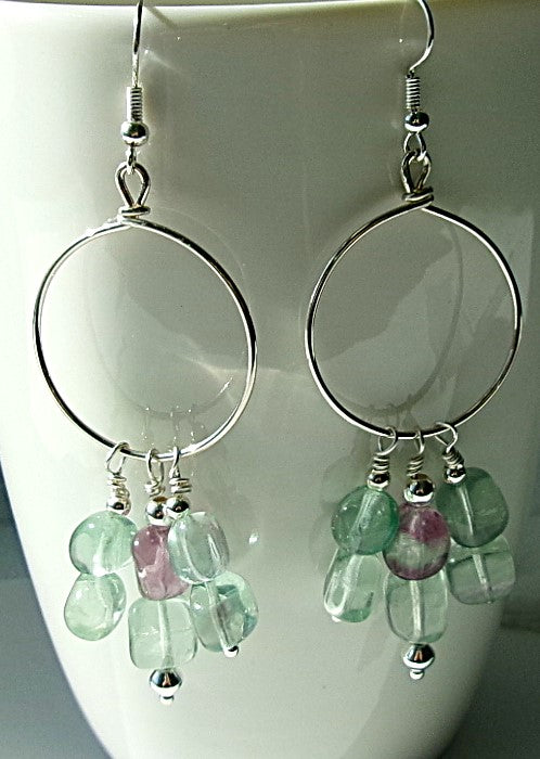 Green and purple fluorite silver filled wire earrings with silver accent beads