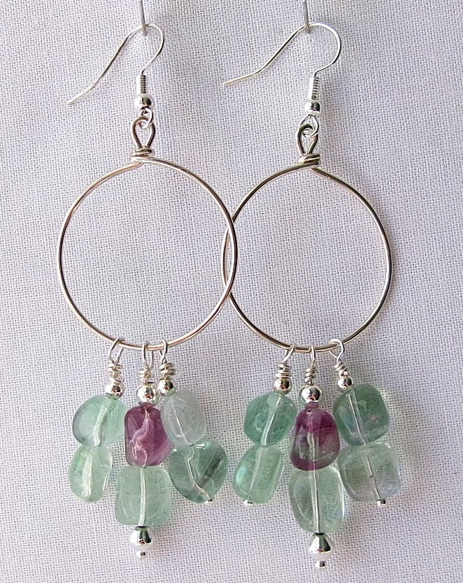 Green and purple fluorite silver filled wire earrings with silver accent beads