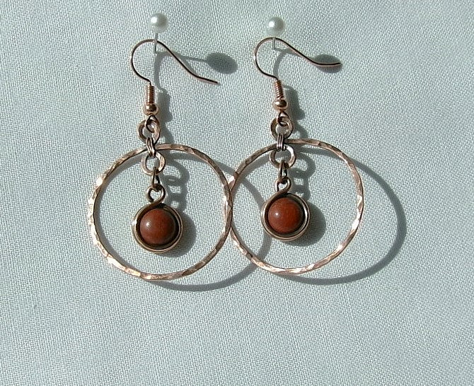 Red jasper copper wire wrapped hammered hoop earrings