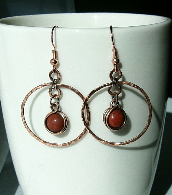 Red jasper copper wire wrapped hammered hoop earrings