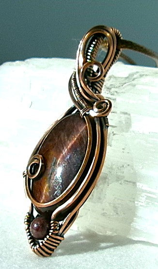 Red Tiger’s Eye gemstone copper wire wrapped crystal pendant with red garnet accent bead