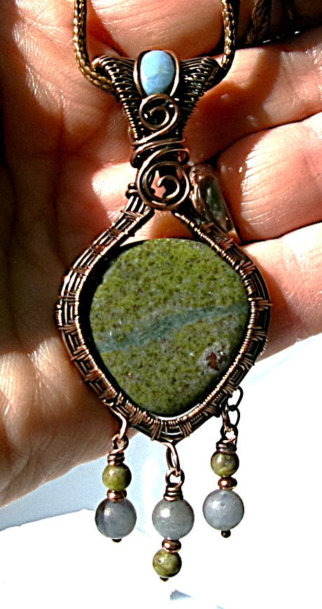 Serpentine gemstone copper wire wrapped crystal pendant with blue opal bail stone and 3 dangles