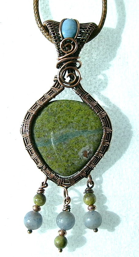 Serpentine gemstone copper wire wrapped crystal pendant with blue opal bail stone and 3 dangles