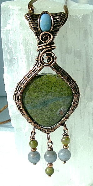 Serpentine gemstone copper wire wrapped crystal pendant with blue opal bail stone and 3 dangles