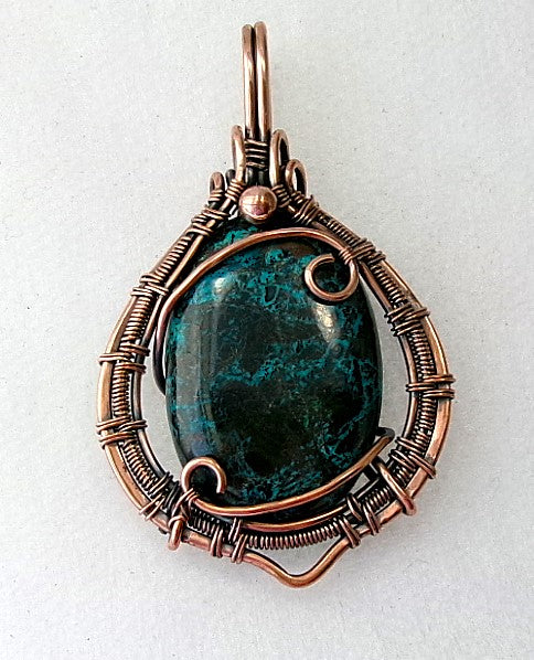 Shattuckite gemstone copper wire wrapped crystal pendant with copper accent bead