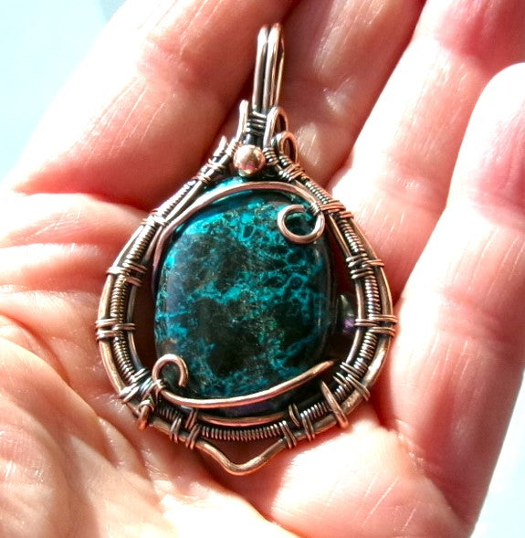 Shattuckite gemstone copper wire wrapped crystal pendant with copper accent bead