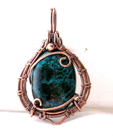 Shattuckite gemstone copper wire wrapped crystal pendant with copper accent bead