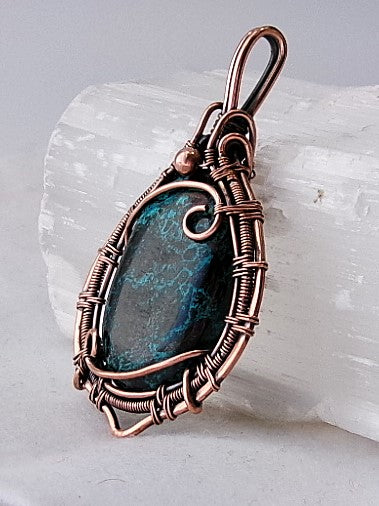 Shattuckite gemstone copper wire wrapped crystal pendant with copper accent bead