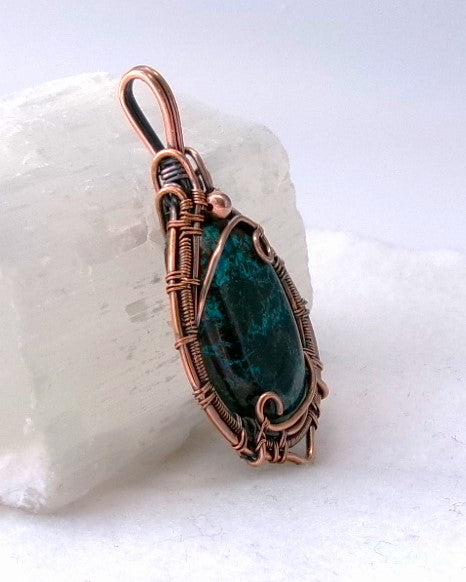Shattuckite gemstone copper wire wrapped crystal pendant with copper accent bead