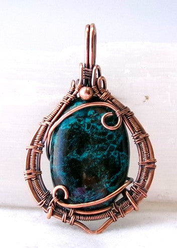 Shattuckite gemstone copper wire wrapped crystal pendant with copper accent bead