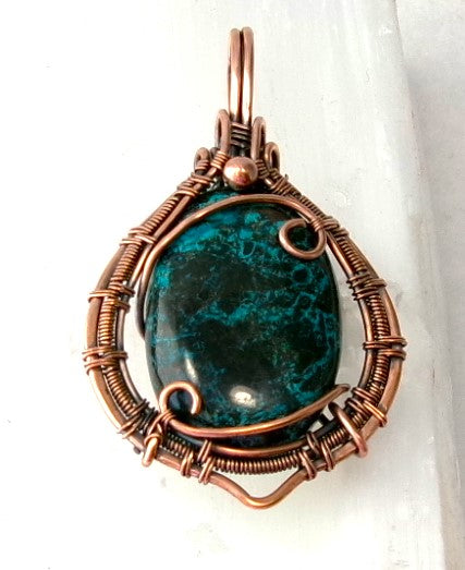 Shattuckite gemstone copper wire wrapped crystal pendant with copper accent bead