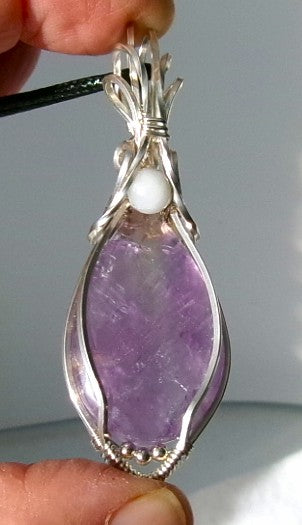 Amethyst gemstone sterling silver wire wrapped crystal pendant with snow quartz and sterling silver accent beads