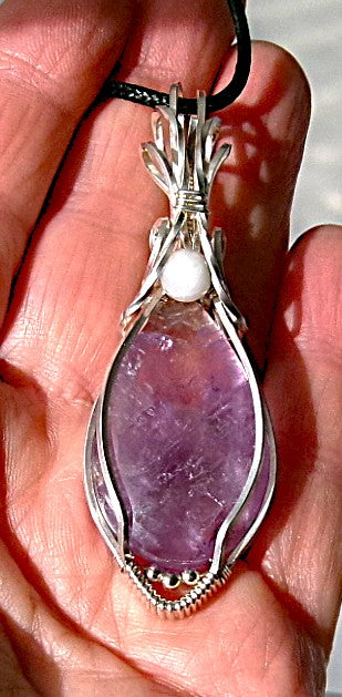 Amethyst gemstone sterling silver wire wrapped crystal pendant with snow quartz and sterling silver accent beads