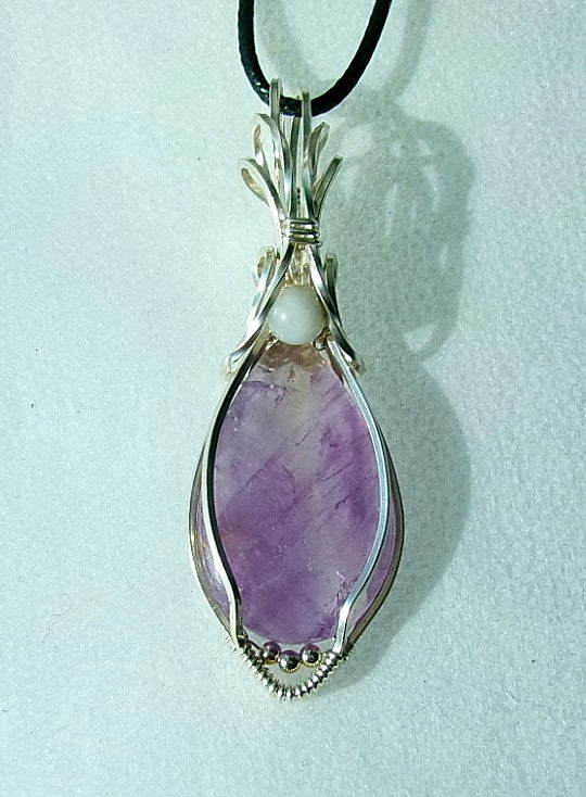 Amethyst gemstone sterling silver wire wrapped crystal pendant with snow quartz and sterling silver accent beads