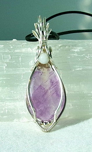 Amethyst gemstone sterling silver wire wrapped crystal pendant with snow quartz and sterling silver accent beads