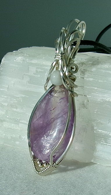 Amethyst gemstone sterling silver wire wrapped crystal pendant with snow quartz and sterling silver accent beads