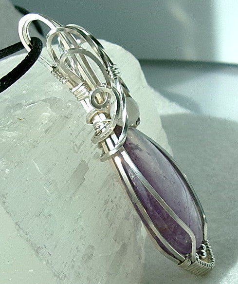 Amethyst gemstone sterling silver wire wrapped crystal pendant with snow quartz and sterling silver accent beads