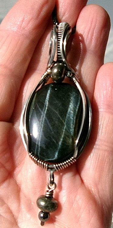Black Tiger Eye gemstone sterling silver wire wrapped crystal pendant with pyrite and hematite dangle