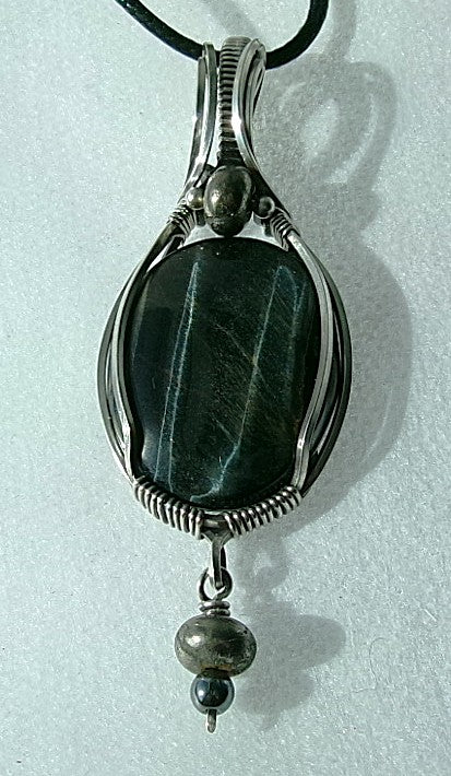 Black Tiger Eye gemstone sterling silver wire wrapped crystal pendant with pyrite and hematite dangle