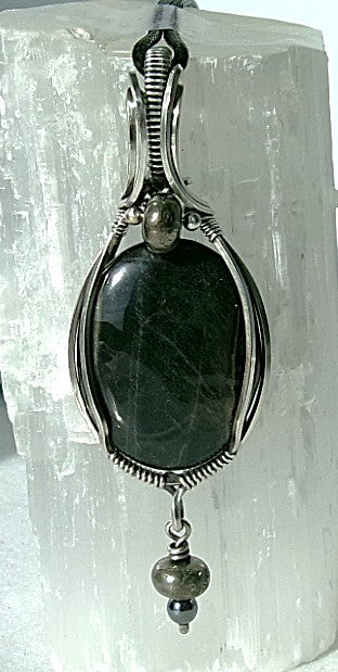 Black Tiger Eye gemstone sterling silver wire wrapped crystal pendant with pyrite and hematite dangle