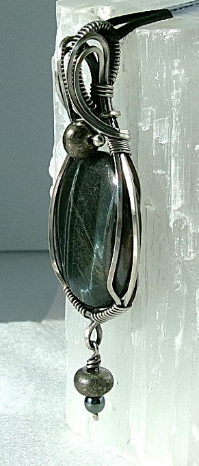 Black Tiger Eye gemstone sterling silver wire wrapped crystal pendant with pyrite and hematite dangle