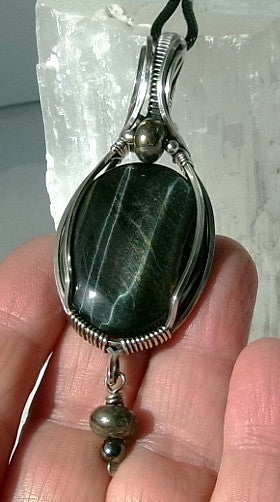 Black Tiger Eye gemstone sterling silver wire wrapped crystal pendant with pyrite and hematite dangle