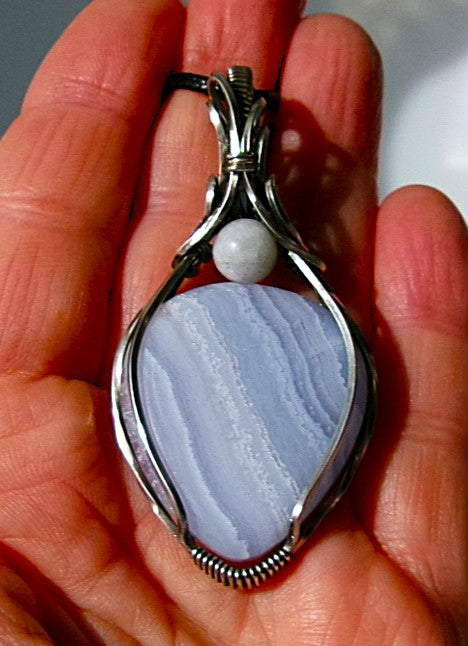 Blue Lace Agate gemstone sterling silver wire wrapped crystal pendant with a snow quartz accent bead