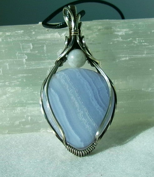 Blue Lace Agate gemstone sterling silver wire wrapped crystal pendant with a snow quartz accent bead