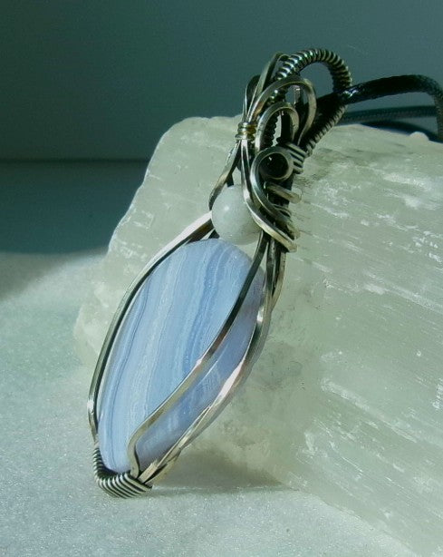 Blue Lace Agate gemstone sterling silver wire wrapped crystal pendant with a snow quartz accent bead