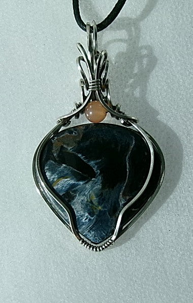 Pietersite gemstone sterling silver wire wrapped crystal pendant with apricot Botswana agate accent bead