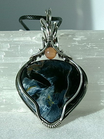 Pietersite gemstone sterling silver wire wrapped crystal pendant with apricot Botswana agate accent bead