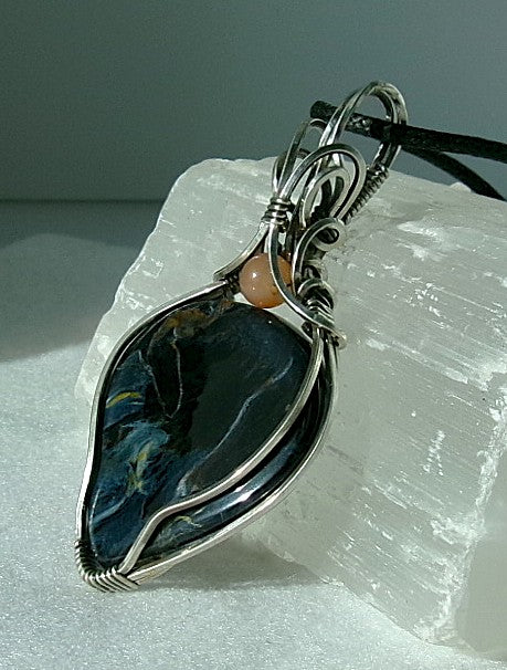 Pietersite gemstone sterling silver wire wrapped crystal pendant with apricot Botswana agate accent bead
