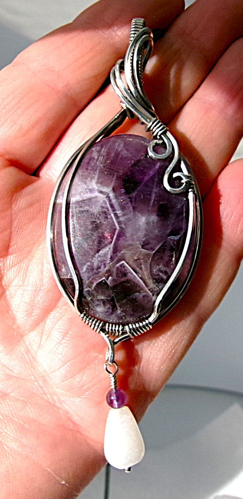 Chevron Amethyst gemstone sterling silver wire wrapped crystal pendant with snow quartz and amethyst dangle