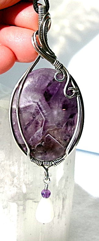 Chevron Amethyst gemstone sterling silver wire wrapped crystal pendant with snow quartz and amethyst dangle