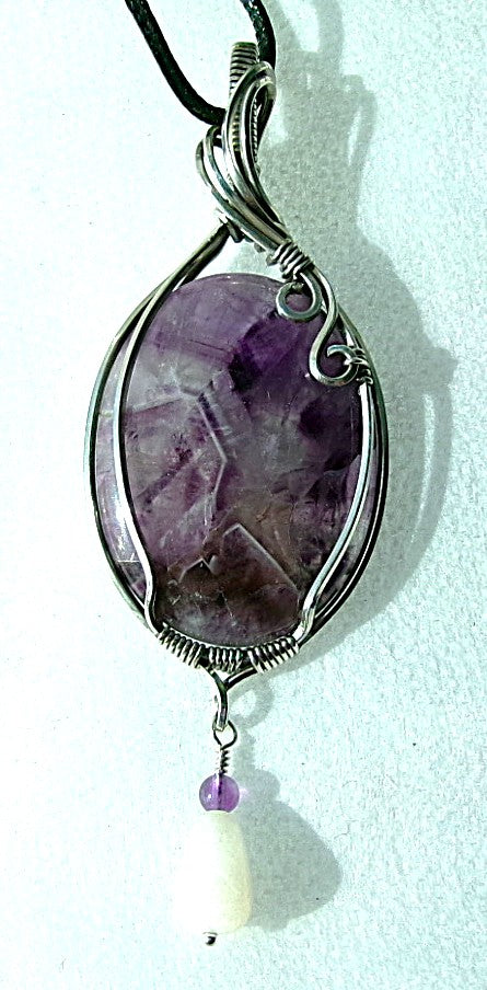 Chevron Amethyst gemstone sterling silver wire wrapped crystal pendant with snow quartz and amethyst dangle