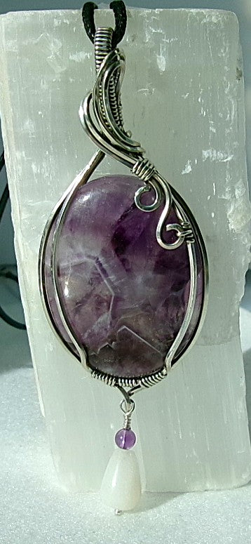 Chevron Amethyst gemstone sterling silver wire wrapped crystal pendant with snow quartz and amethyst dangle