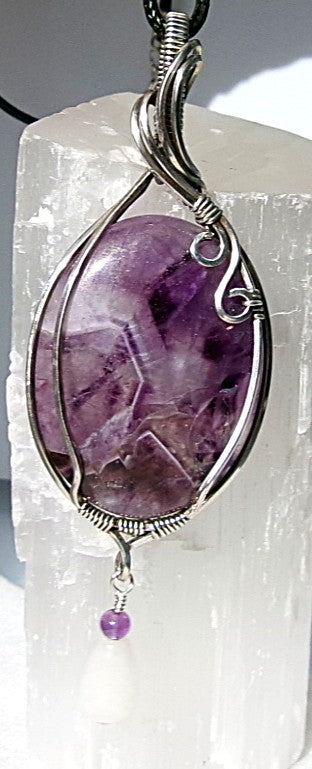 Chevron Amethyst gemstone sterling silver wire wrapped crystal pendant with snow quartz and amethyst dangle