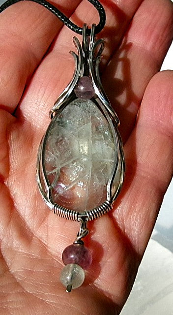 Green Fluorite gemstone sterling silver wire wrapped crystal pendant with dangle and purple and green fluorite accent beads