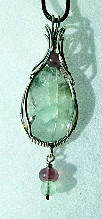 Green Fluorite gemstone sterling silver wire wrapped crystal pendant with dangle and purple and green fluorite accent beads