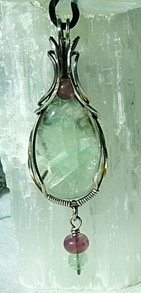 Green Fluorite gemstone sterling silver wire wrapped crystal pendant with dangle and purple and green fluorite accent beads