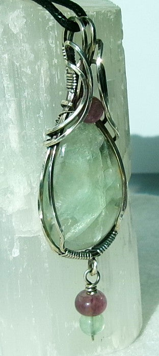Green Fluorite gemstone sterling silver wire wrapped crystal pendant with dangle and purple and green fluorite accent beads