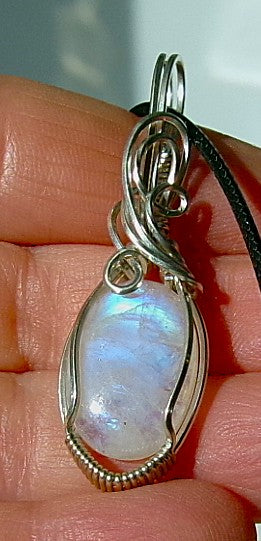 Rainbow Moonstone gemstone sterling silver wire wrapped crystal pendant