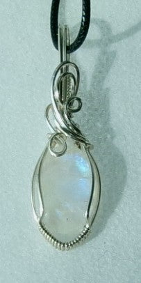Rainbow Moonstone gemstone sterling silver wire wrapped crystal pendant
